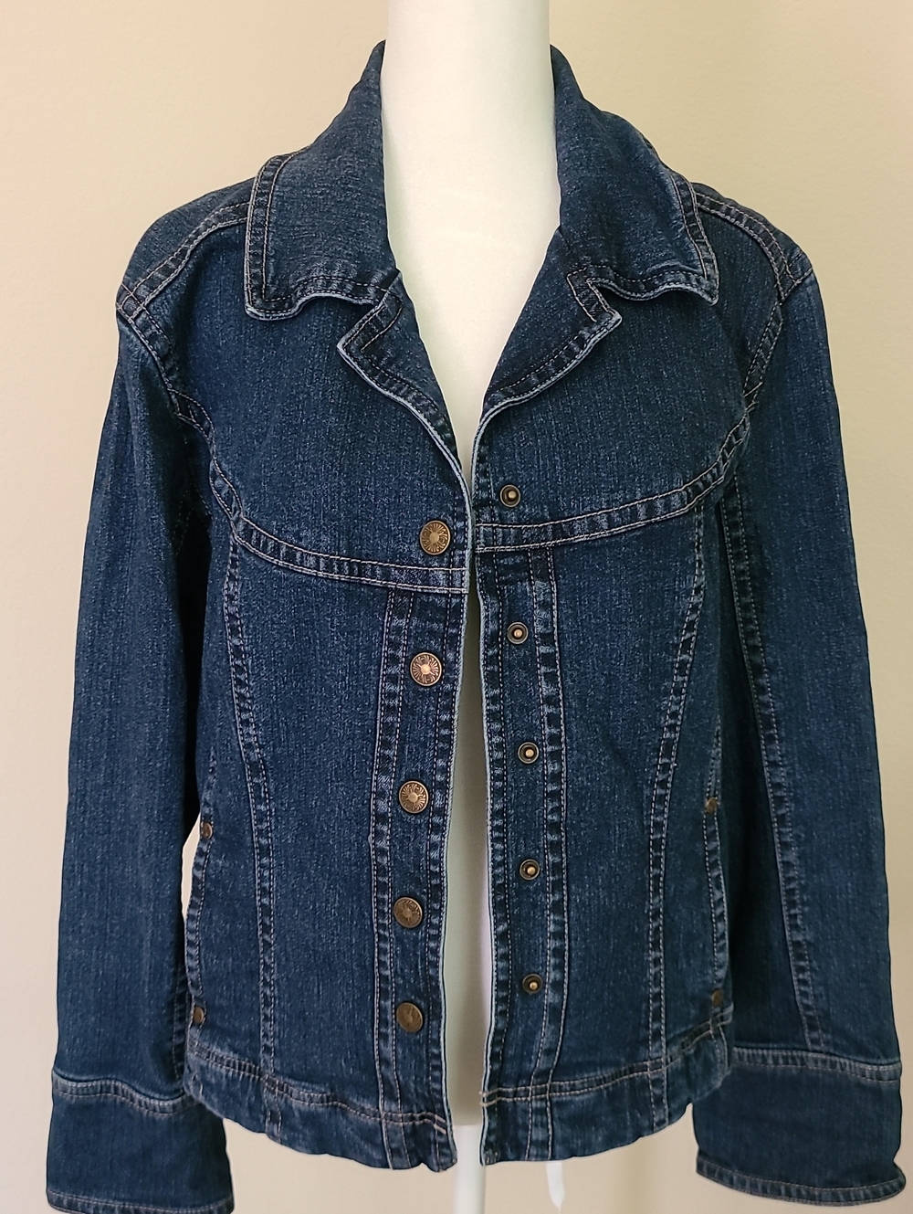 Vintage Live A Little Dark Wash Stretch Denim Jacket Front Floral Snaps Woman XL